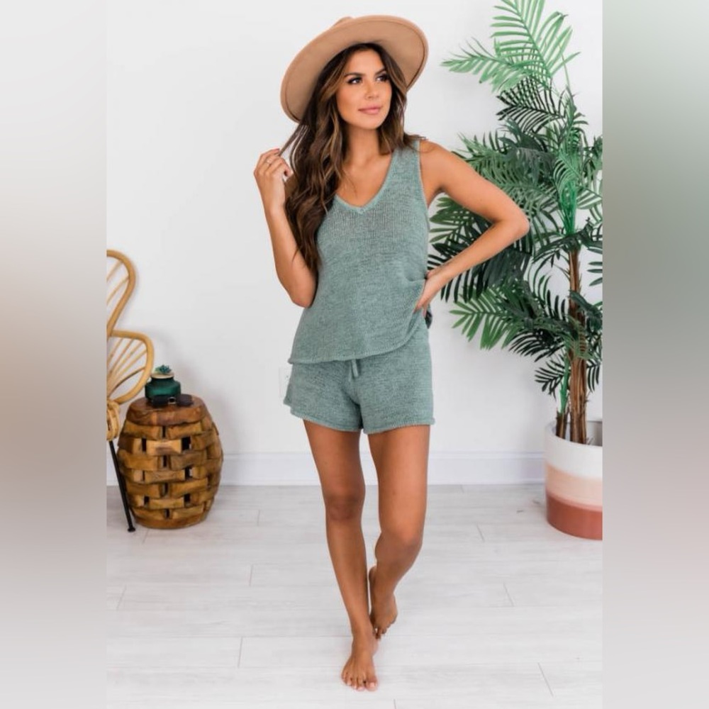 Pink Lily Wonder Often Knit Matching Set -Tank and Shorts - Sage